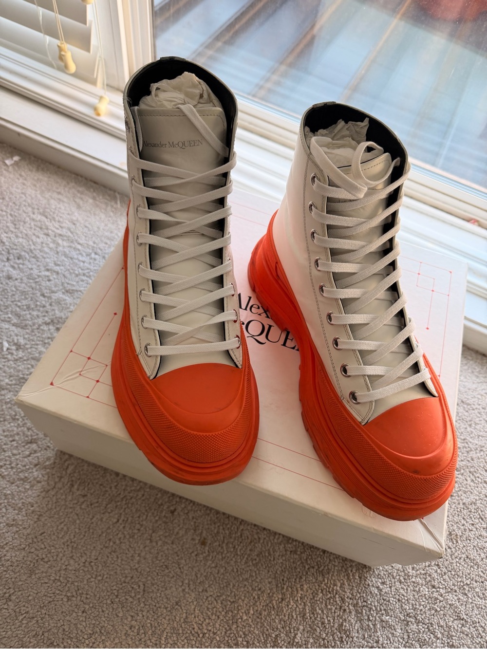 Alexander McQueen White High-Top Sneakers with Bright Orange Toe and Sole
